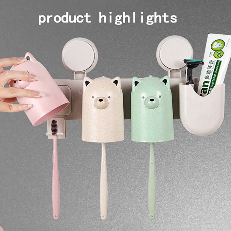 Cartoon Bear Family Brushing Cup Wheat Straw Toothbrush Holder Washing Set