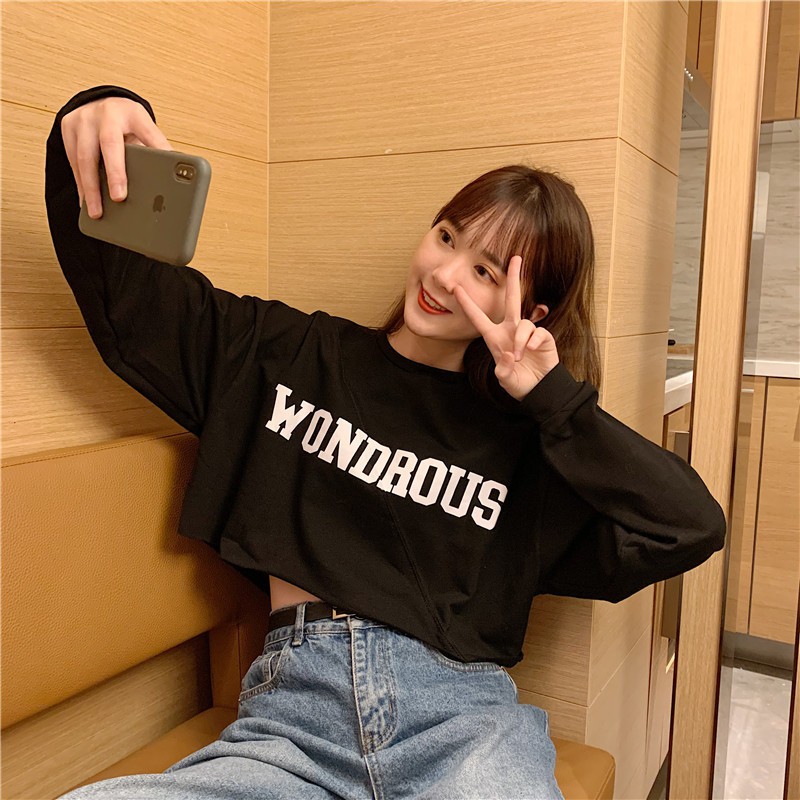 Áo croptop nữ dài tay ZOZORO form vừa in chữ WONDROUS chất vải đẹp thoáng mát - AT17