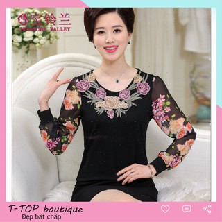 Áo kiểu trung niên cổ tròn thêu hoa, áo form rộng thanh lịch cho mẹ