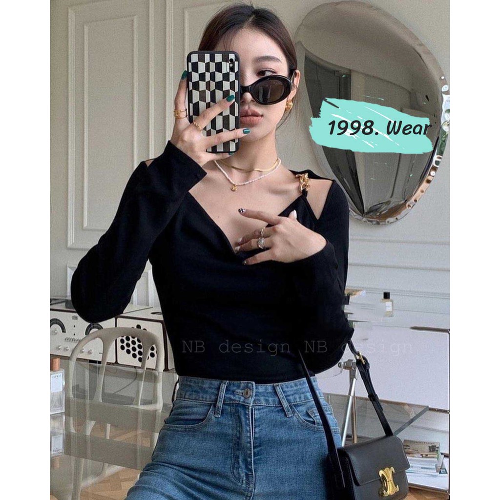 [ hot hot hot] Áo dài tay phối xích vai, áo trễ vai phối hai dây,  hai màu đen - trắng | BigBuy360 - bigbuy360.vn