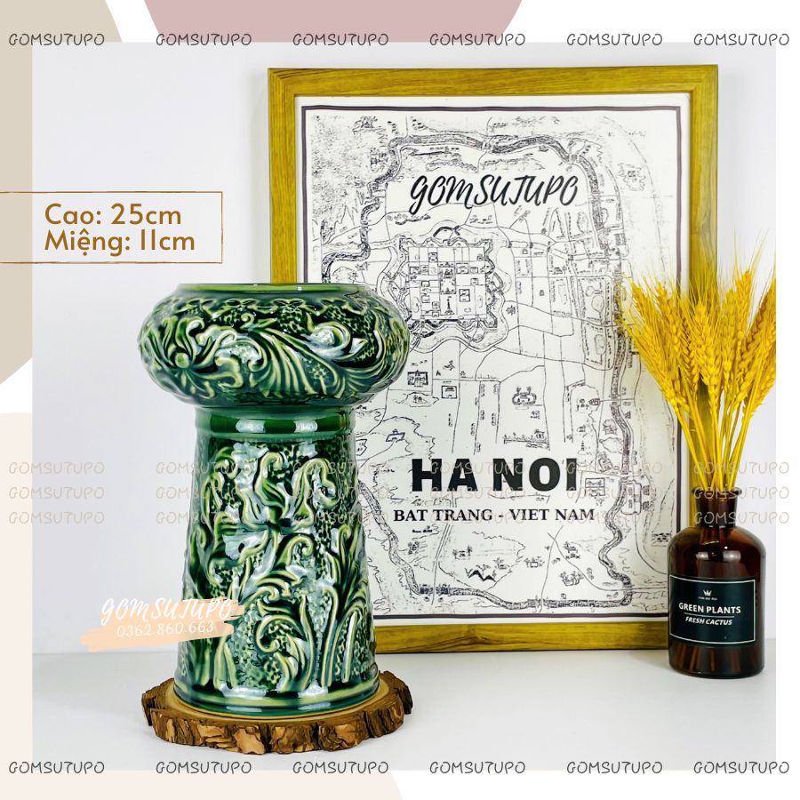 Lọ Vân Nổi Men Hoa Gốm Xanh Ngọc Lục Bảo - Bình Hoa Decor Trang Trí gomsutupo - Gốm Sứ TUPO Bát Tràng
