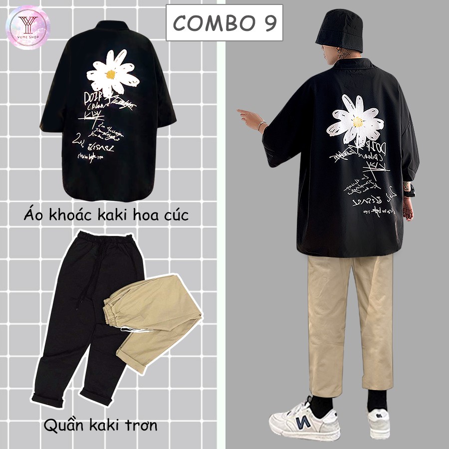 Combo áo sơ mi hoa cúc + quần kaki trơn Phong cách Hàn Quốc