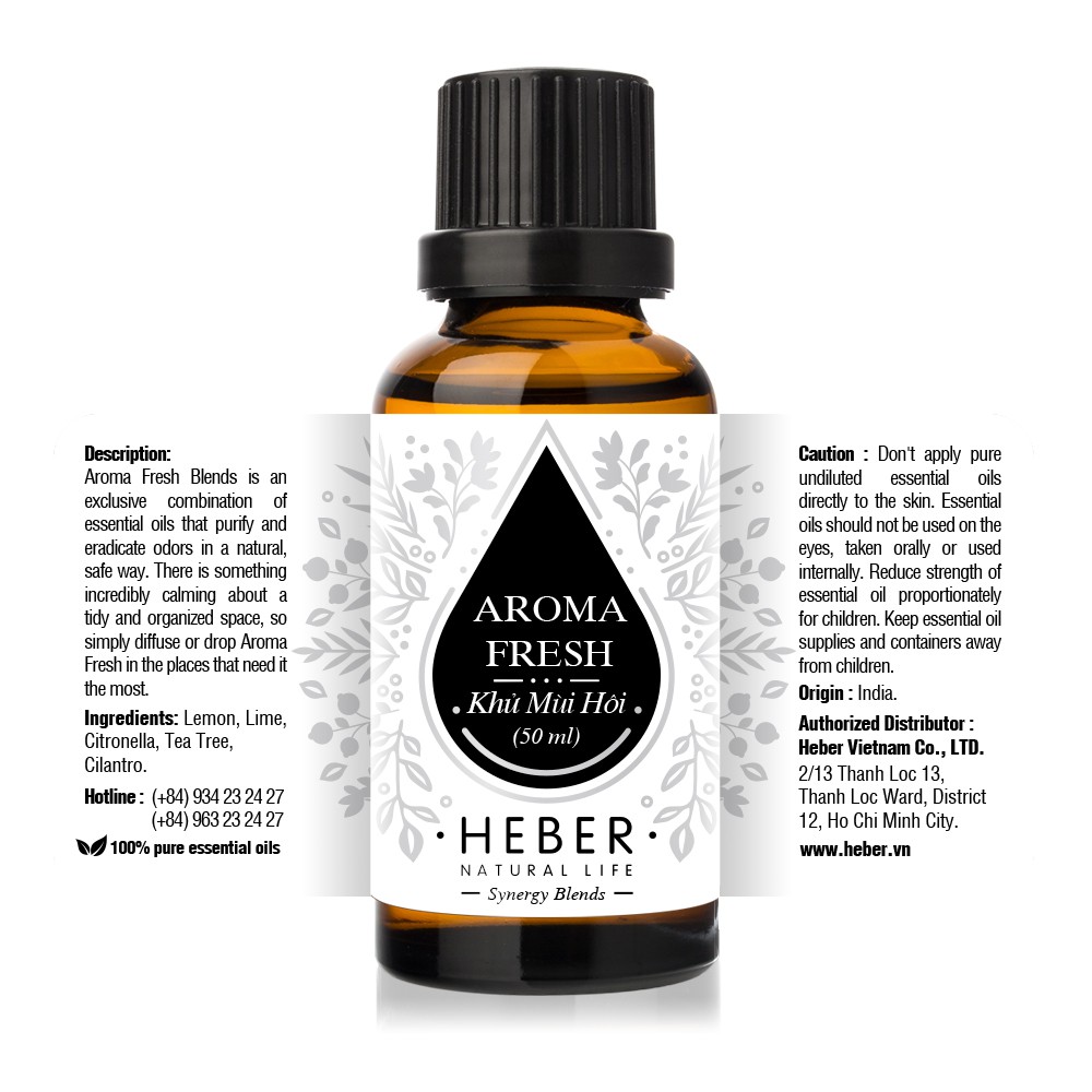 Tinh Dầu Khử Mùi Hôi - Aroma Fresh Blend Heber Natural Life, Cao Cấp Nhập Khẩu, Thiên Nhiên Nguyên Chất, 10ml/30ml/50ml