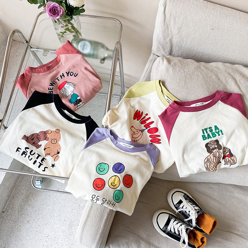 Áo Thun Tay Dài Cổ Tròn In Họa Tiết Hoạt Hình Phong Cách Hàn Quốc Thời Trang Xuân Thu Cho Bé Gái