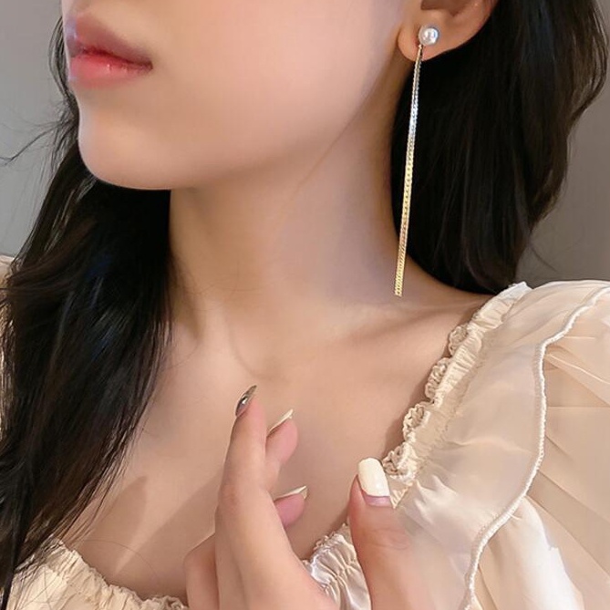 Bông Tai Mạ Bạc 925 Dáng Dài Đính Ngọc Trai Phong Cách Hàn Quốc