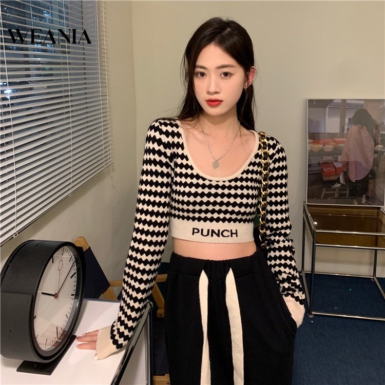 Áo Croptop Dệt Kim Tay Dài Cổ Thuyền Phong Cách Retro Quyến Rũ Cho Nữ