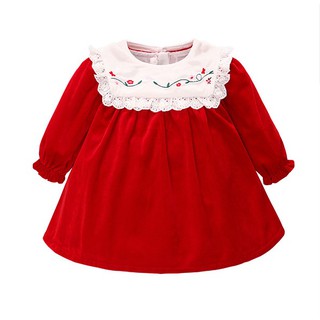 Váy nhung đỏ dài tay thêu hoa xinh xắn cho bé gái 6-24m (HÀNG QCCC) SS60