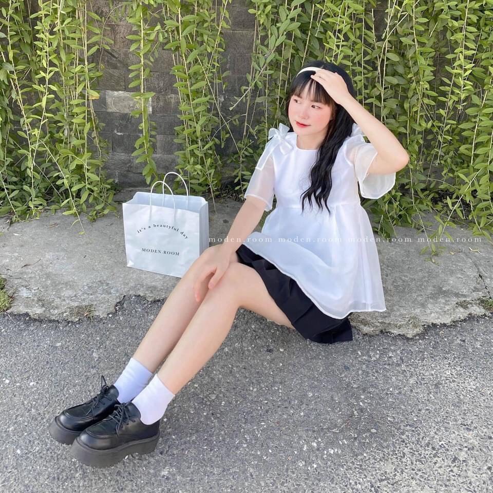 Áo Babydoll Trắng Phối Nơ Vai JOLIE Nữ  🌸 Thun kiểu bánh bèo tiểu thư mặc đi biển hàn quốc đẹp Ulzzang 🌸