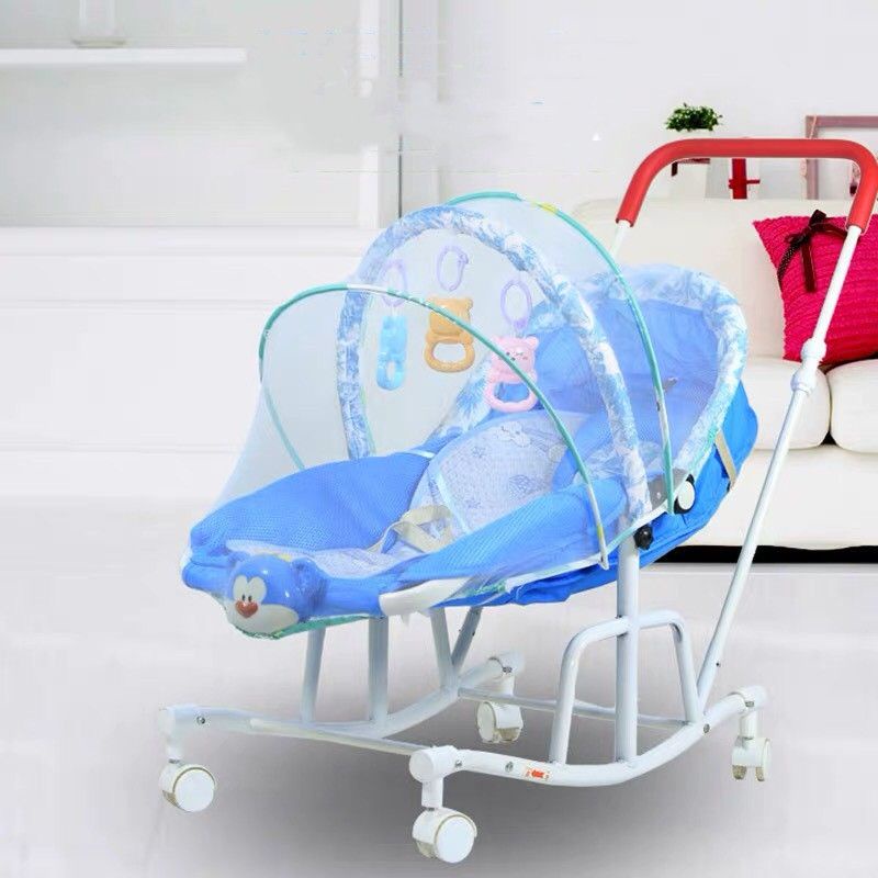 Ghế rung kiêm xe đẩy, bập bênh cho bé có màn che bánh xe