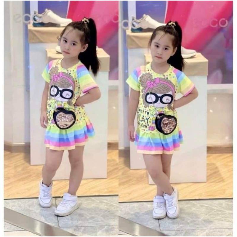 Bộ áo tay ngắn + váy quần thun lạnh 3d hàng shop cho bé gái size đại