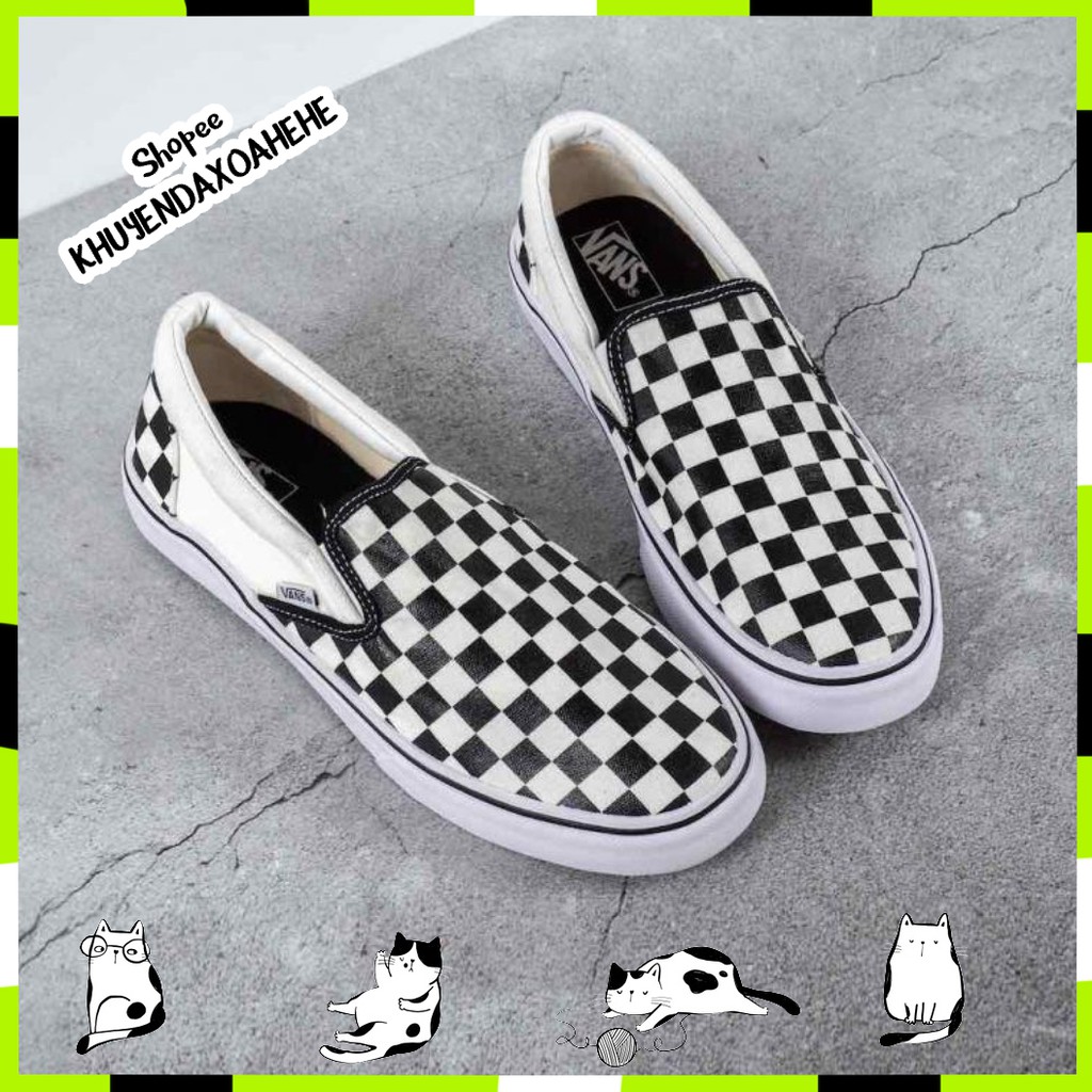 Giày CHECKERBOARD SLIP-ON CLASSIC BLACK/WHITE, giày lười caro nam nữ