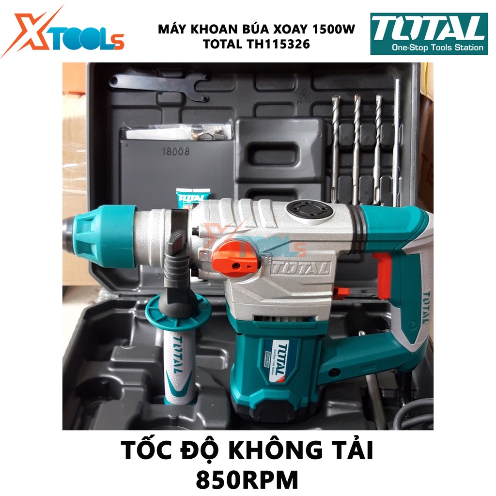 Máy khoan búa cầm tay 1500w TOTAL TH115326 tốc độ 850rpm, tốc độ đập 4400bpm, khả năng khoan 32 mm/đục 14mm, kèm 3 mũi k