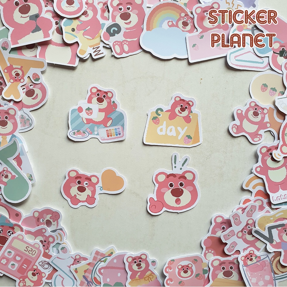 Sticker hình dán Gấu dâu lotso tông màu pastel dễ thương cute, pastel trang trí mũ bảo hiểm, dán Laptop, journal, sổ tay