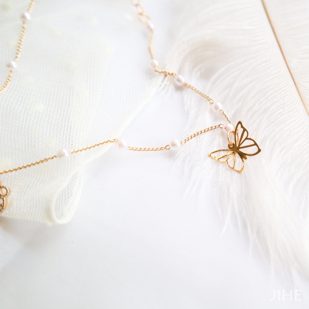 【JIHE】Choker Vòng cổ Chuỗi Hạt Pha Lê Mặt Hình Bướm Phong Cách Hàn Quốc Thời Trang