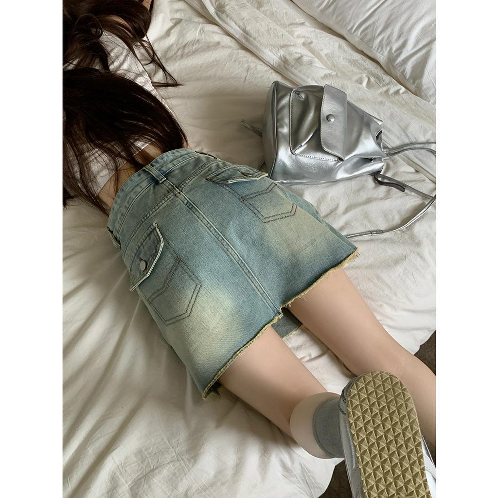 「MOTEL7」Chân Váy Denim Ngắn Dáng Chữ a Lưng Cao Phong Cách Retro