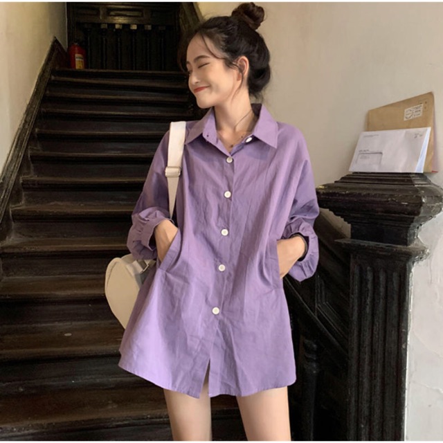Áo Sơ Mi Form Rộng Ulzzang Hàn Quốc Màu Tím/Đen/Rêu/Trắng