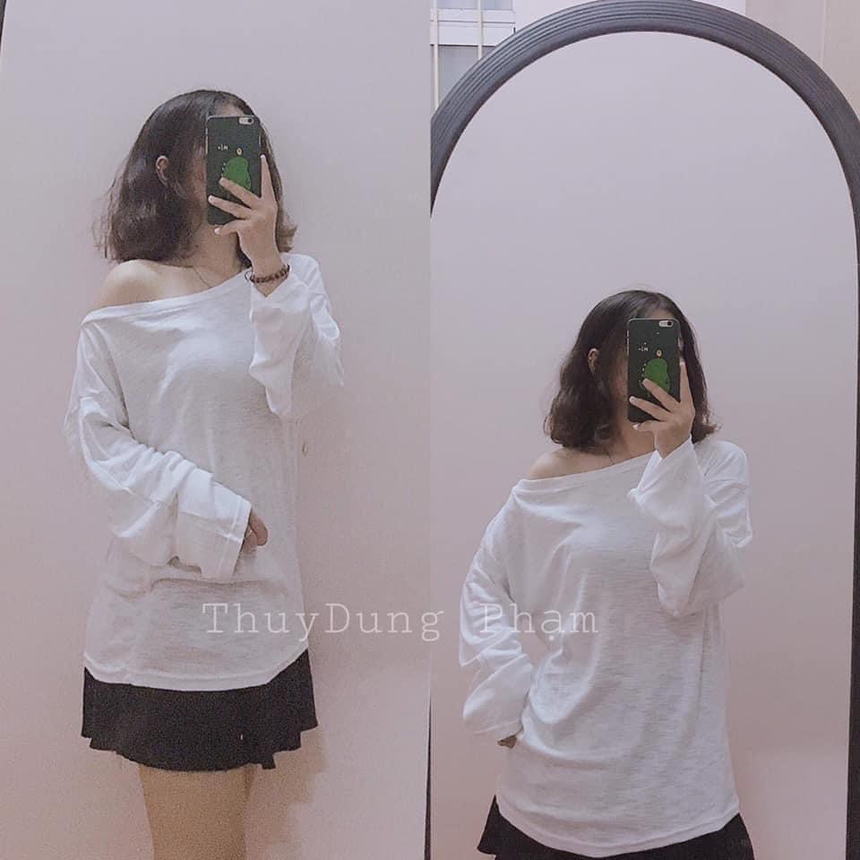 Áo Thun Xước Lệch Vai Dài tay Nữ [KÈM ẢNH THẬT]  Áo phông giấy mỏng dáng suông 2 màu đen//trắng chất đẹp