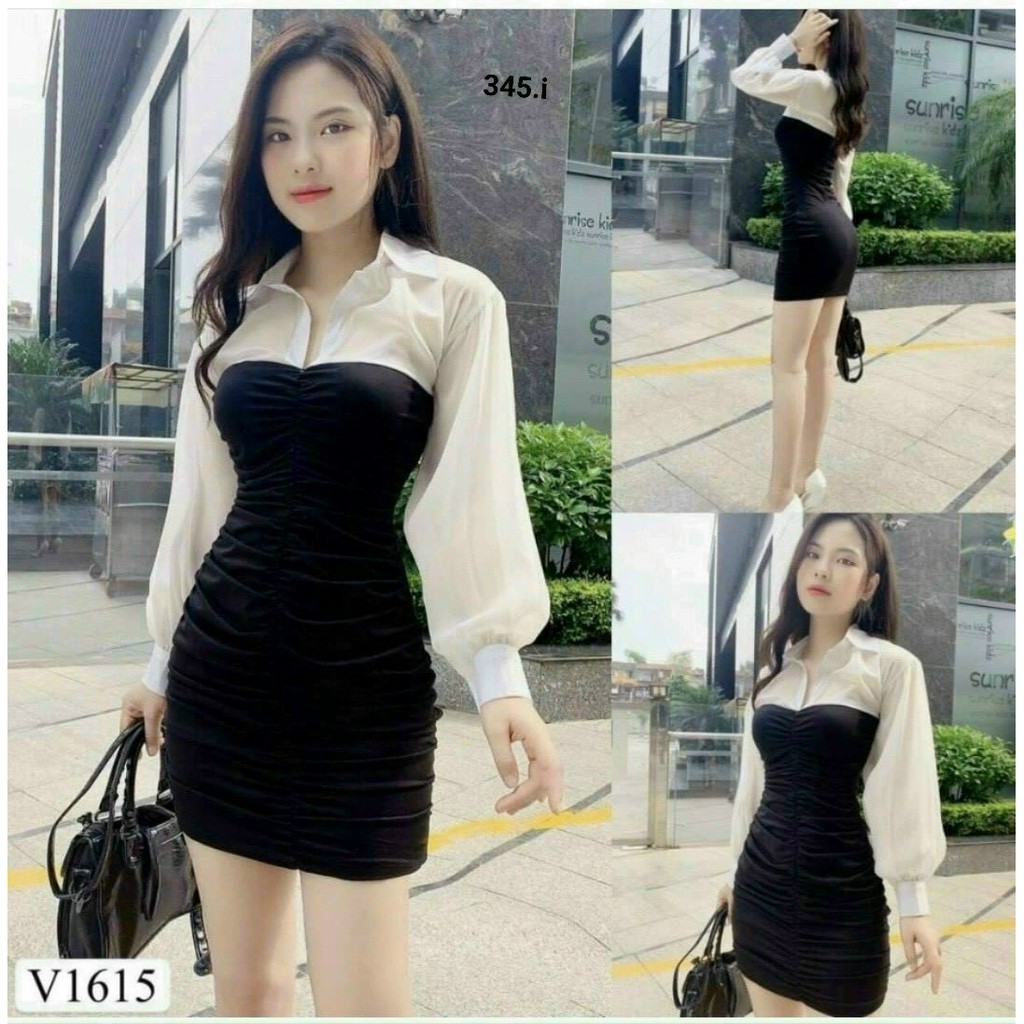 Đầm Body Phối Sơ Mi Phói 2 Màu Trắng Đen
