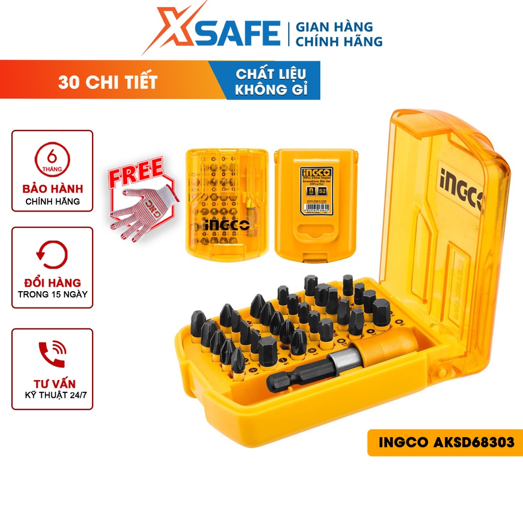 Bộ mũi bắt vít đa năng 30 chi tiết INGCO AKSD68303 nhiều kích cỡ, phù hợp mọi loại ốc vít kèm 1 đầu nối nhanh