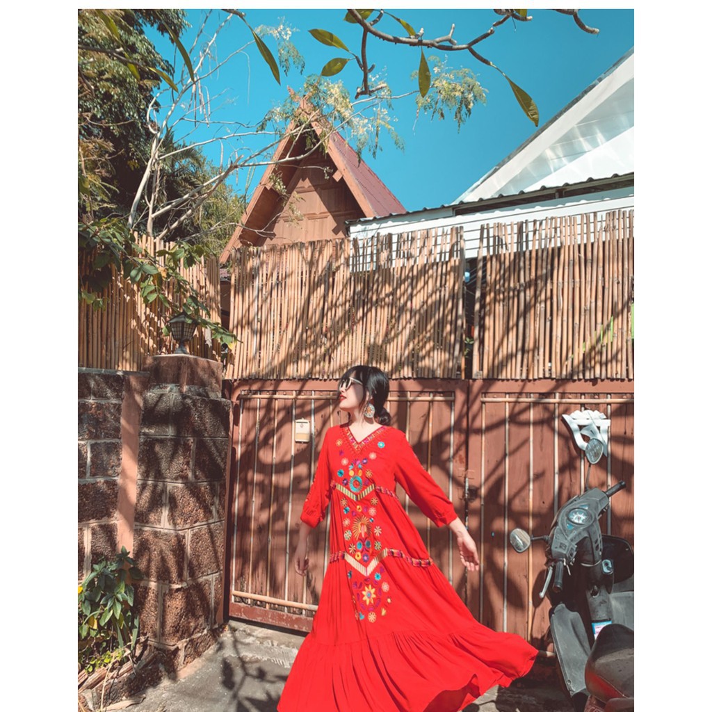 Đầm Boho Thổ Cẩm Thêu Họa Tiết Sắc Màu Thái Lan - kèm ảnh chi tiết từng đường kim mũi chỉ