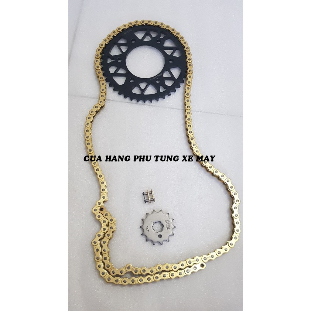 Trọn bộ sên nhông dĩa Recto xe Ex 135/ Ex 150/ Winner 150/ Raider/ Sonic ( sên vàng 9 li Mã Lai ) - Dĩa mẫ