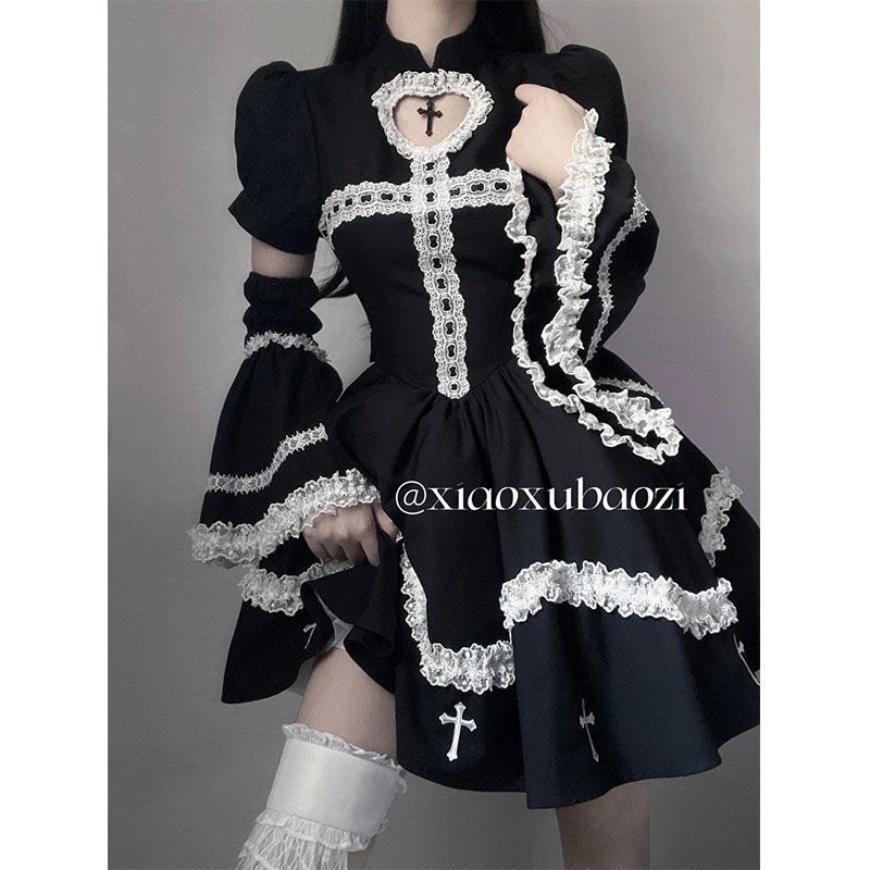 Đầm Lolita Ngắn Ôm Eo Tay Dài Phối Màu Tương Phản Thời Trang Mùa Thu Cho Nữ