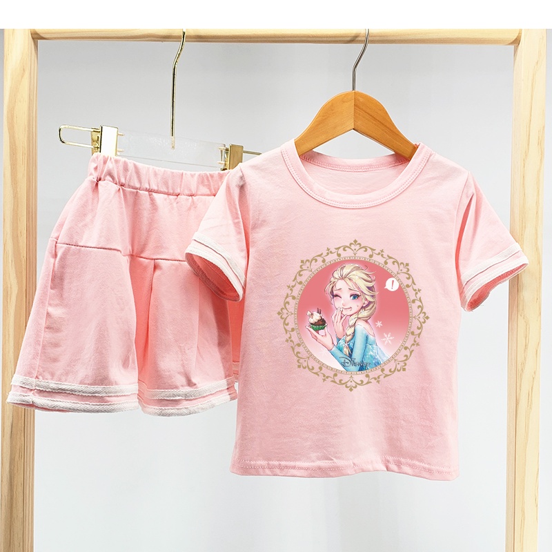 Bộ Áo Thun Tay Ngắn In Hình Công Chúa Elsa Anna Năm 2021 + Chân Váy Xếp Ly Cho Bé Gái (2-8 Tuổi)