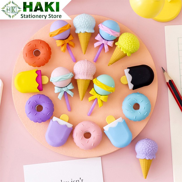 Cục tẩy tạo hình kẹo mút HAKI, bộ 4 gôm tẩy 4 màu xinh xắn T02