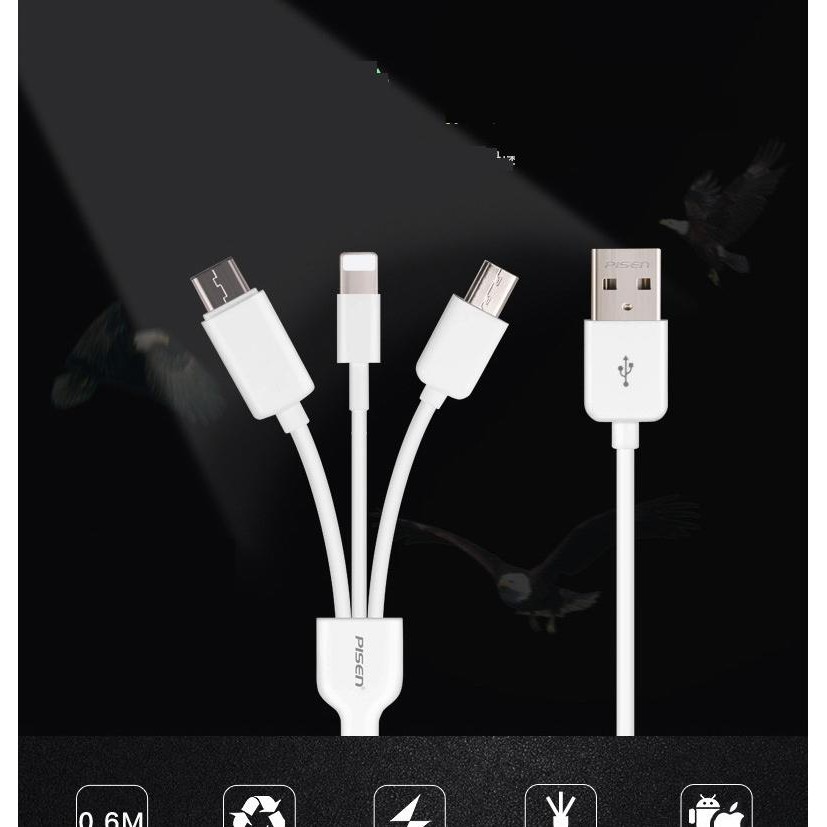 Cáp sạc 3 đầu Pisen chân Lightning, MicroUSB, type-C 1000000856