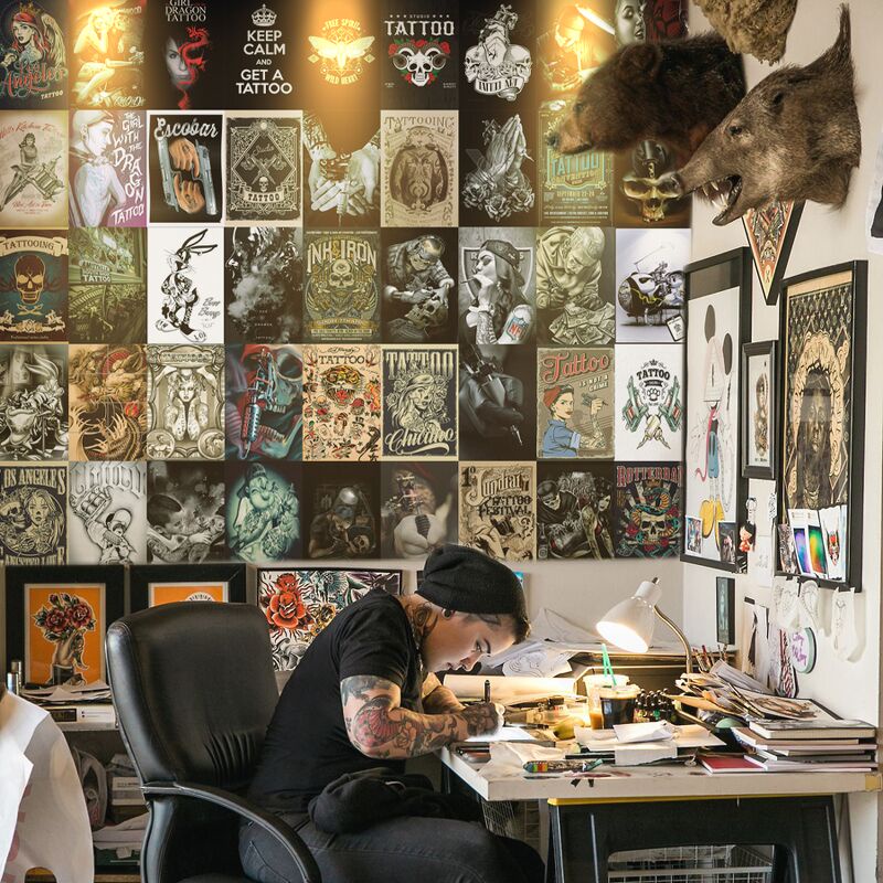 Set decal dán tường Tatoo, Decal decor tiệm xăm, trang trí phòng, số lượng 24,50 tấm, kích thước A4/A5