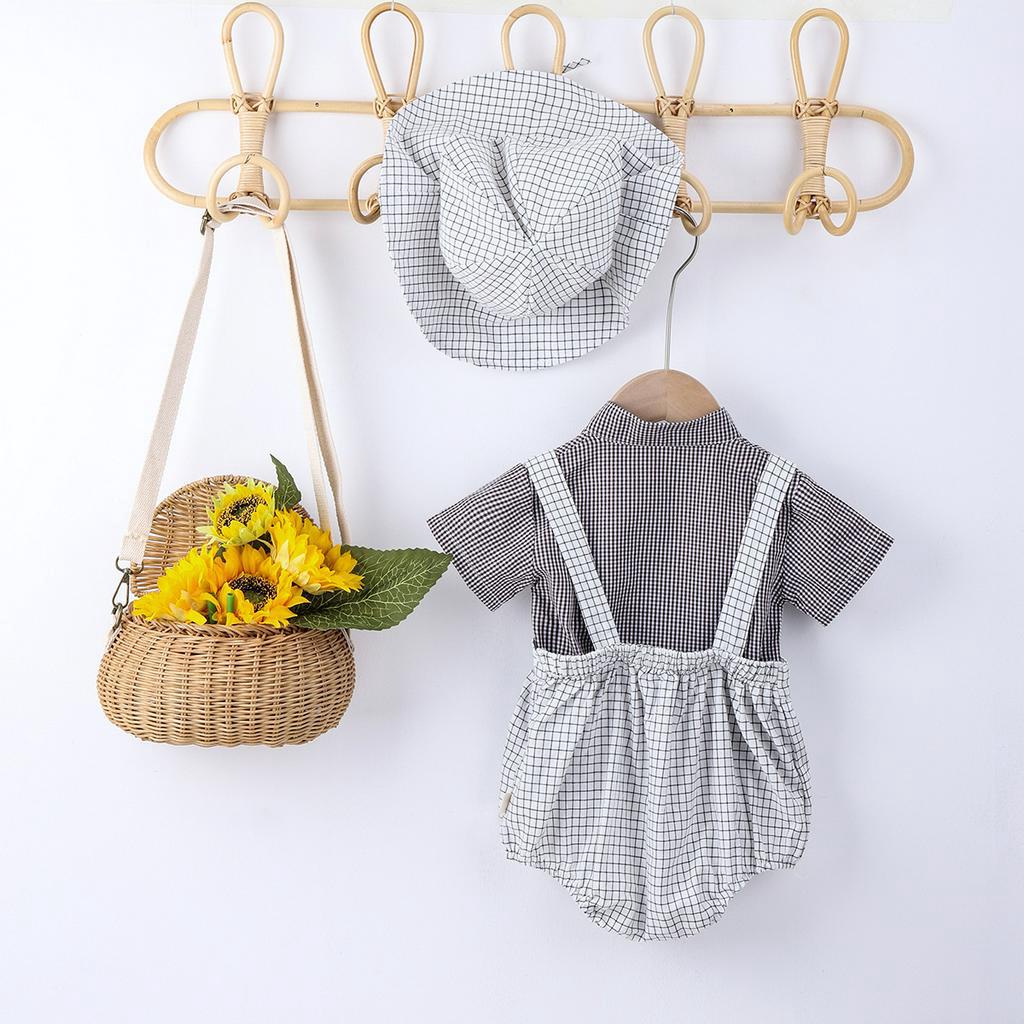 Bộ Áo Thun Cộc Tay + Quần Yếm Caro + Nón Cho Bé