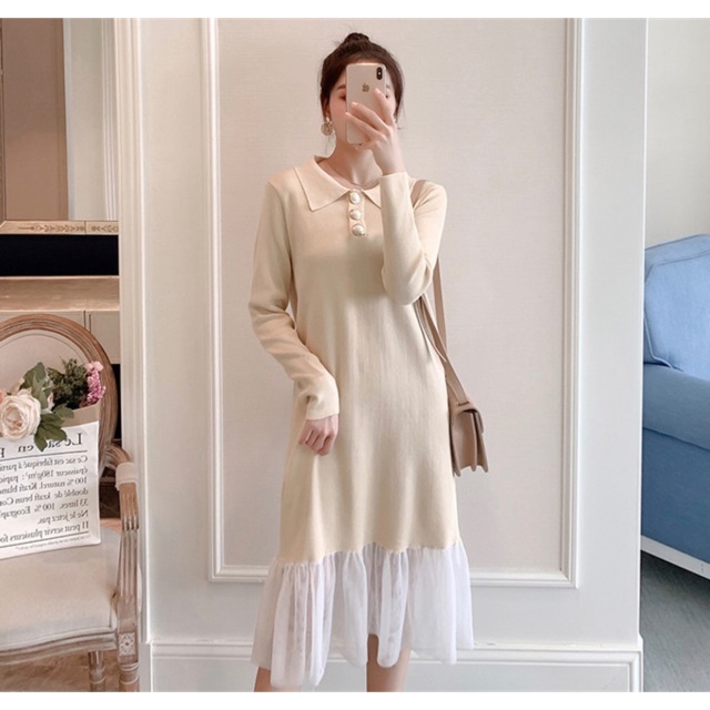 Váy suông dành cho bà bầu chất len ấm áp mùa đông (cổ cài cúc) mẫu B30