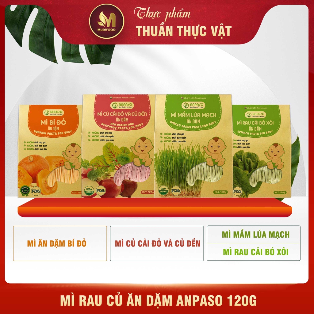 Mì Rau Củ Dinh Dưỡng Organic Anpaso Ăn Dặm Cho Bé Từ 6 Tháng Tuổi, Bổ Sung Dưỡng Chất 120g/300g