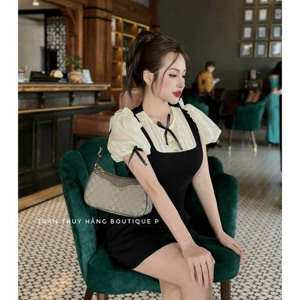 [786] Đầm váy nữ dáng xòe thanh lịch tay phồng phối lụa họa tiết xếp ly đính nút ngực trẻ trung dự tiệc xinh xắn