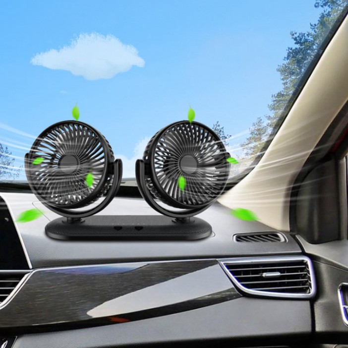 Sản Phẩm Quạt máy đôi mini xoay 360 độ, sử dụng trên ô tô và bàn làm việc (công suất 12W)-3 chế độ quạt, điều khiển riên