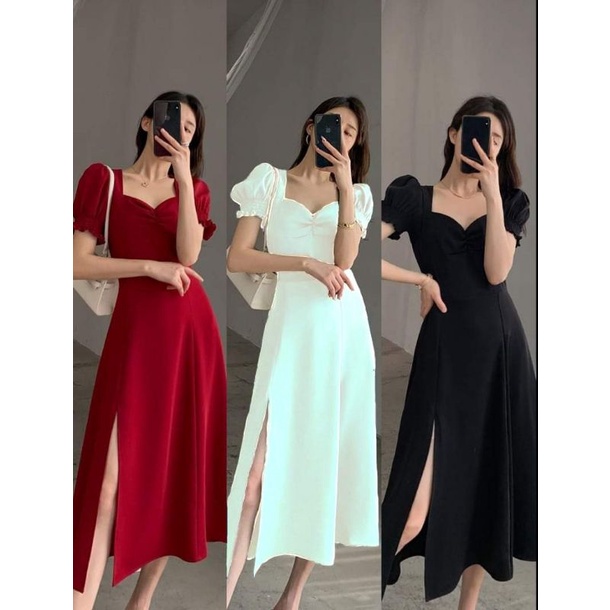 Đầm midi tay bo xẻ tà 3 màu siêu tôn dáng , váy dự tiệc , maxi đi chơi thời trang by hanadress