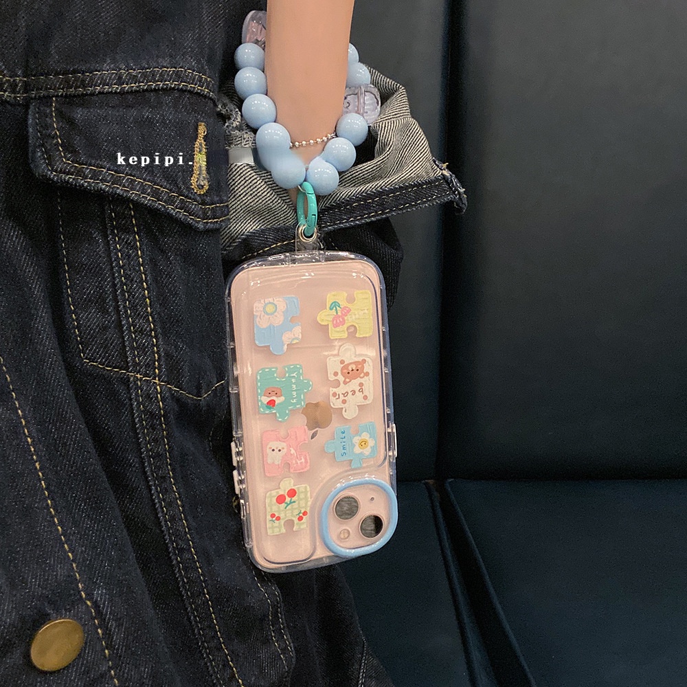 Ốp Điện Thoại Mềm Kiểu Mảnh Ghép Có Vòng Đỡ Màu Xanh Dương Dễ Thương Cho Iphone 13ProMax 12 / 11 XR
