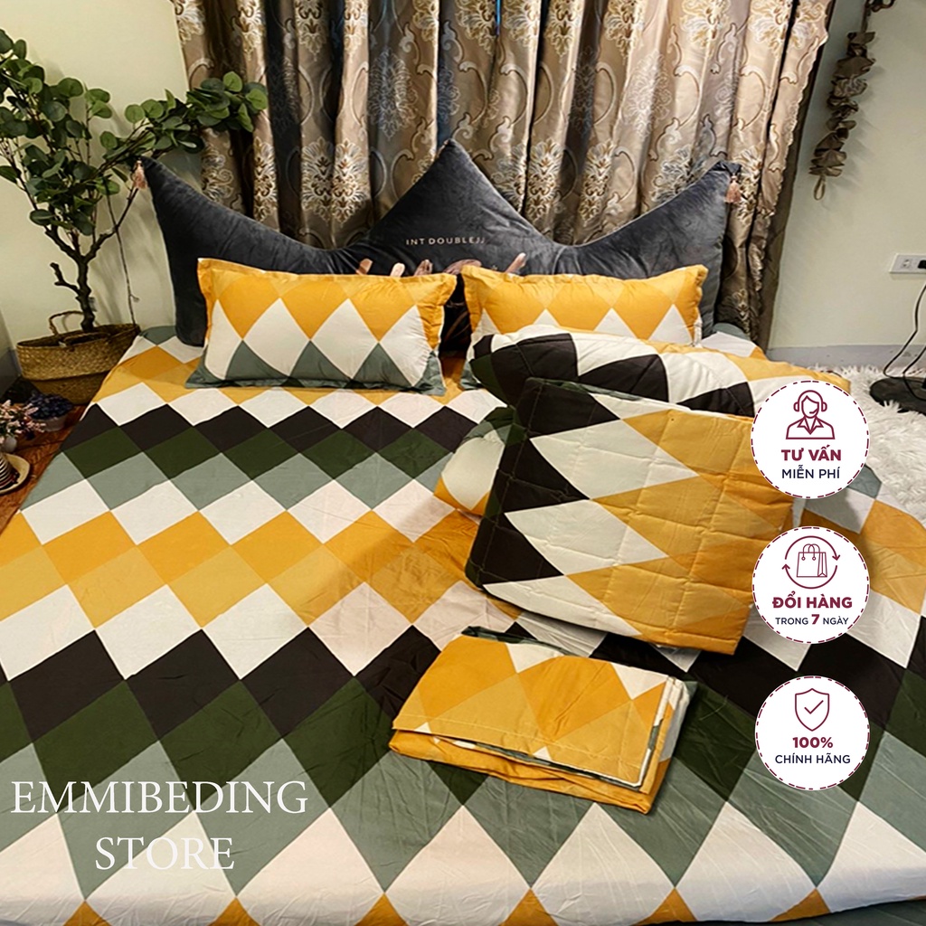 Set ga gối chăn hè chần bông Cotton 5 món Emmibedding Store, mẫu Kẻ sóng vàng mền cotton họa tiết đáng yêu