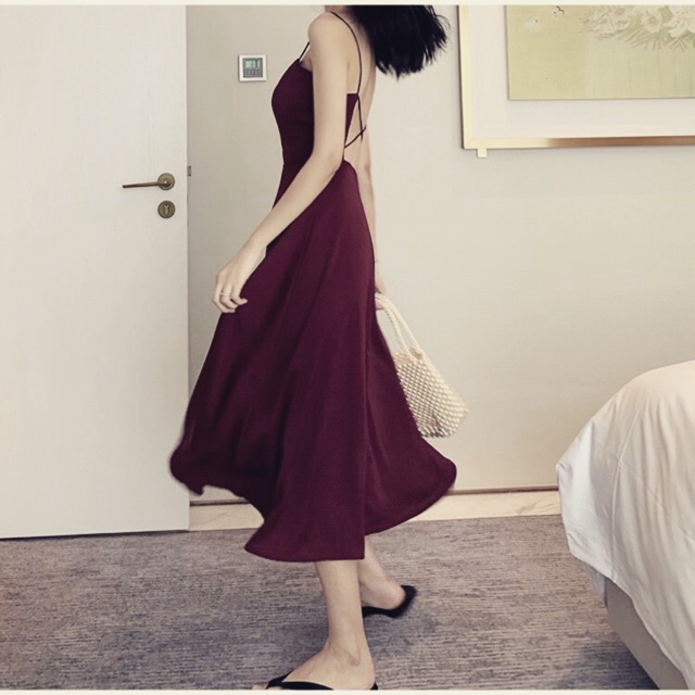 Váy hai dây hở lưng đi biển V377 Đầm đi tiệc hai dây Váy dài