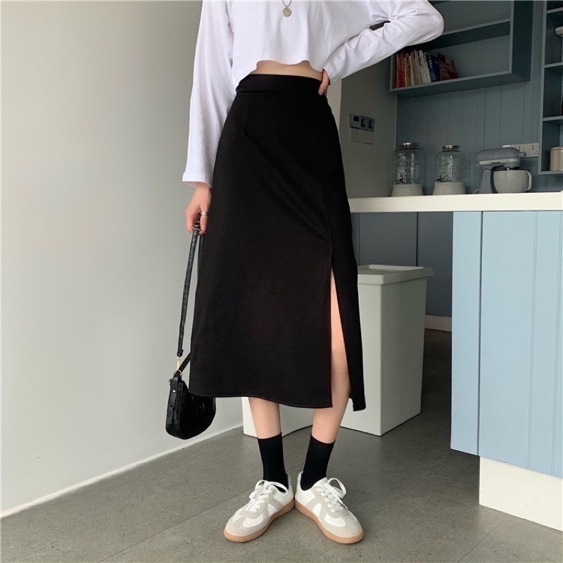 Chân váy midi xẻ tà trước dáng dài lưng cao chất tuyết mưa_Linhchi.studio
