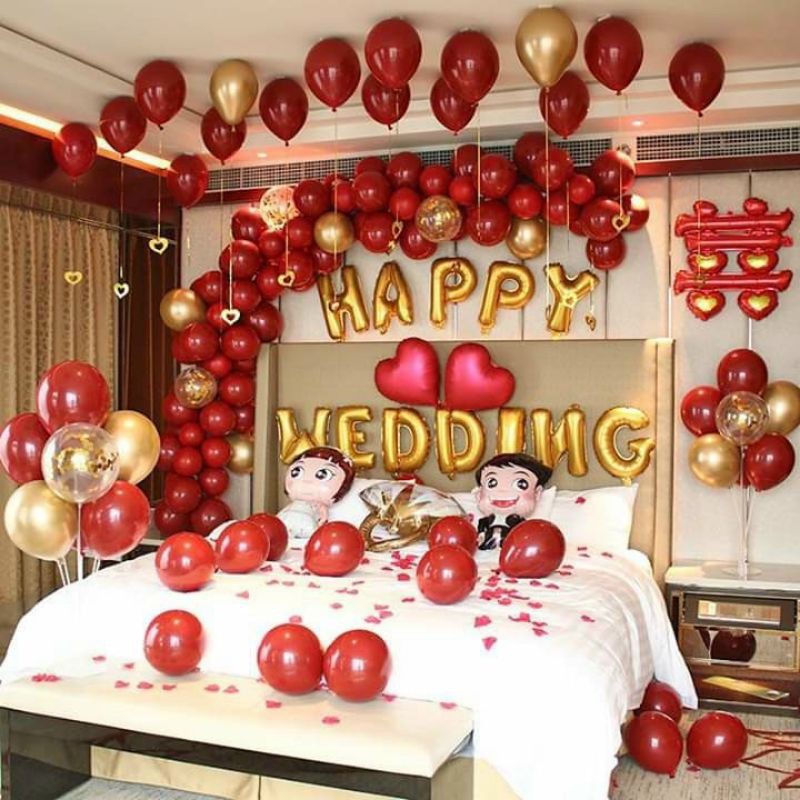 (KÈM BƠM KEO )SET BÓNG CƯỚI HAPPY WEDDING TÔNG ĐỎ