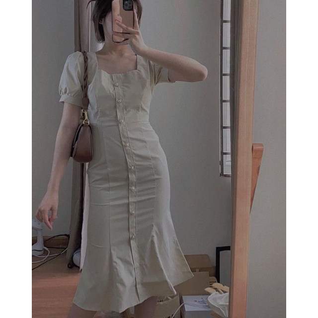 Váy dự tiệc nude cổ vuông đuôi cá cúc ngọc vai cách điệu sang chảnh kèm ảnh thật MS041