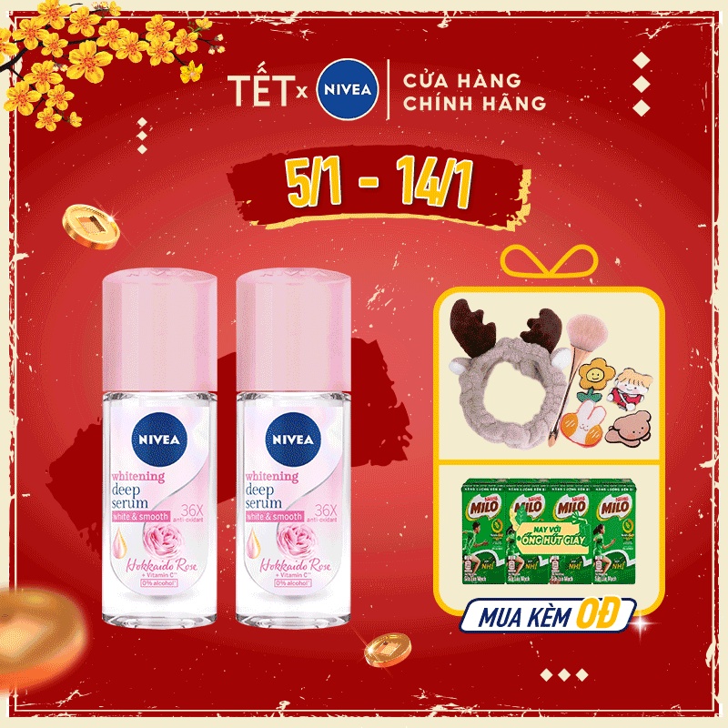 Bộ đôi Lăn ngăn mùi Nivea serum trắng mịn hương hoa hồng Hokkaido (40ml/chai) 85301