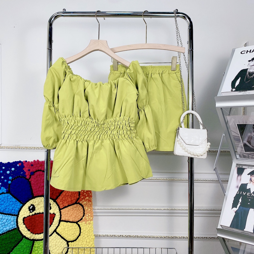 Set áo trễ vai chun eo tay bồng quần short đùi hồng sen xanh cốm siêu hot đồ bộ nữ tiểu thư xinh xắn BN250