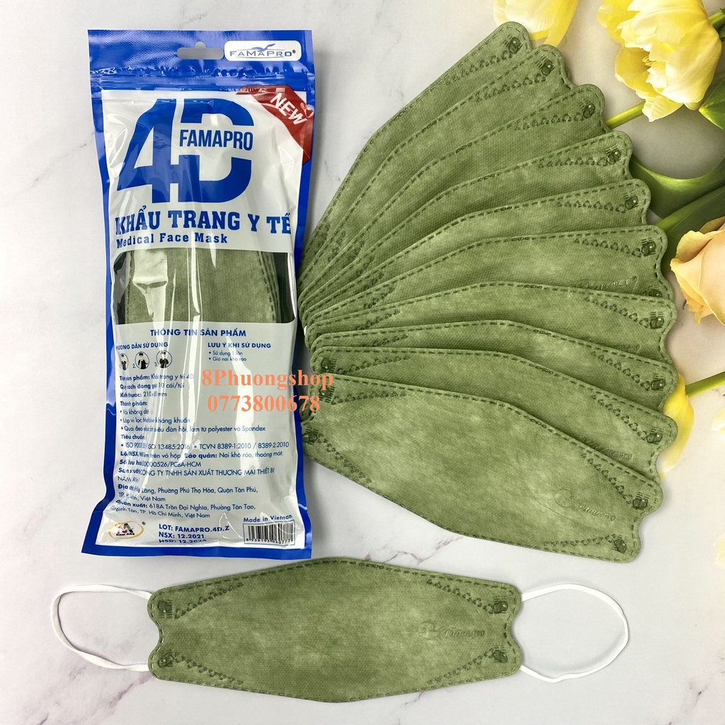 10 Cái Khẩu Trang 4D FAMAPRO DẠNG TÚI Chính Hãng Nam Anh 4 Lớp Kháng Khuẩn