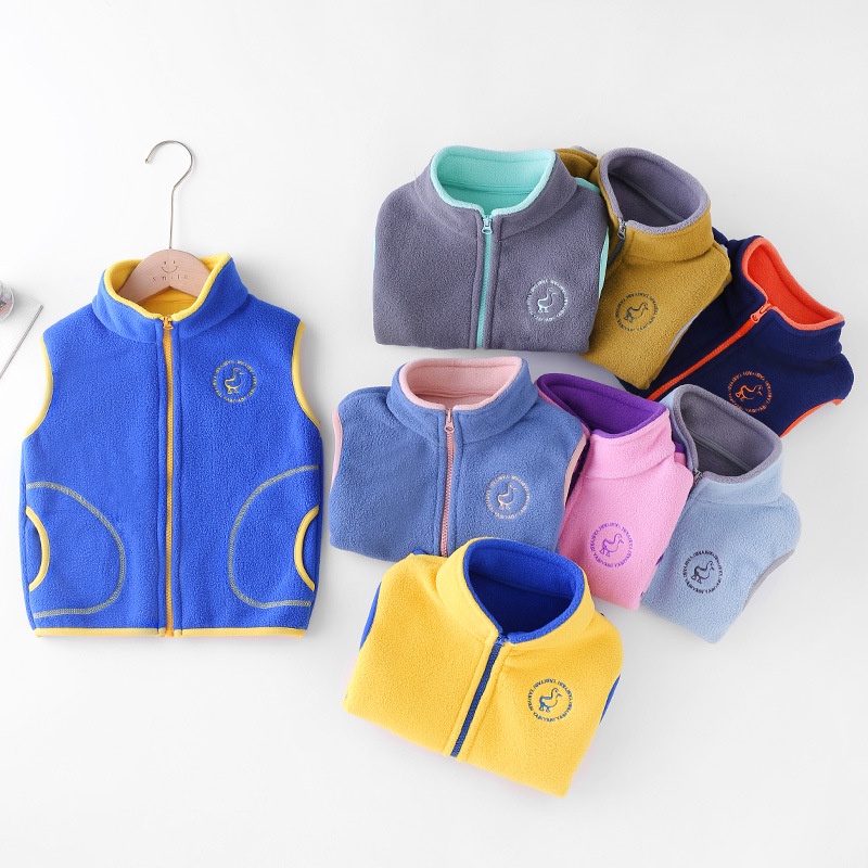 Áo khoác sát nách lót nhung có khóa kéo giữ ấm mùa thu đông kích thước 90-160cm cho bé