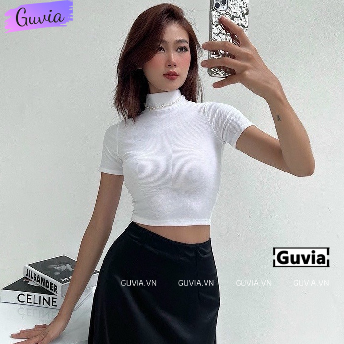 Áo Croptop Nữ TAY NGẮN CỔ LỌ Ôm Body, Áo Thun Croptop Kiểu Sexy Chất Thun Gân GUVIA CR73