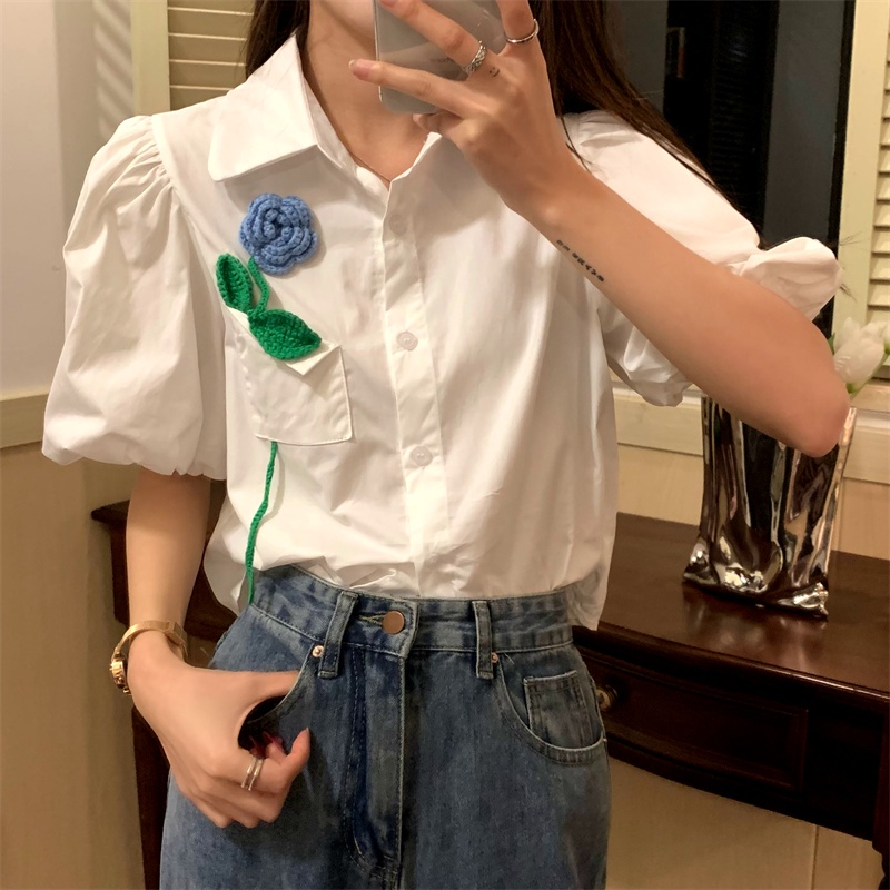 Áo Sơ Mi Tay Ngắn Phồng Họa Tiết Hoa Thời Trang Pháp Hàng Mới Cho Nữ