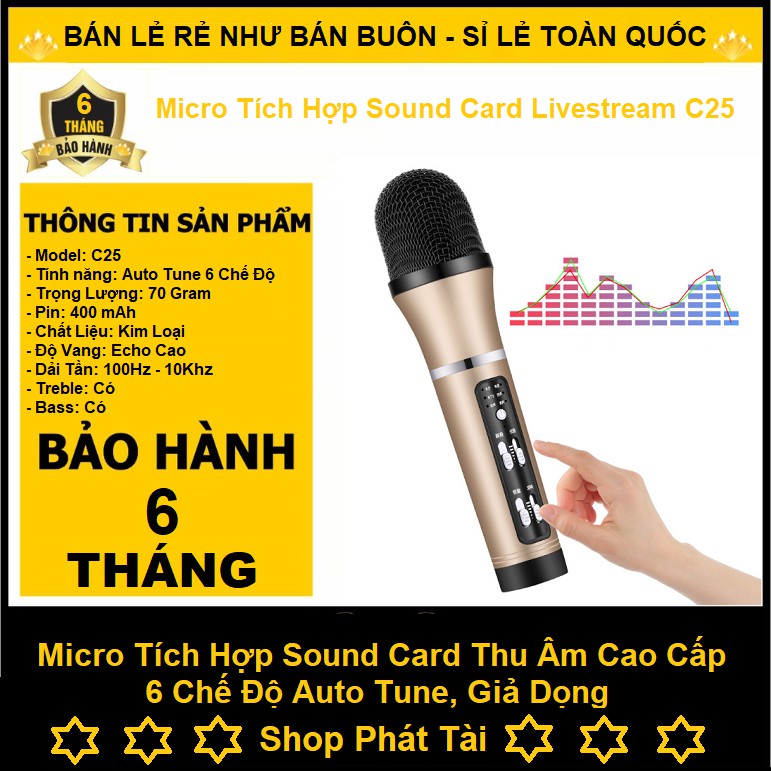 Micro Livestream C25, Mic Thu Âm Hát Livestream Tích Hợp Sound Card Có Auto-tune, Chỉnh Giọng, Nhỏ Gọn Tiện Dụng