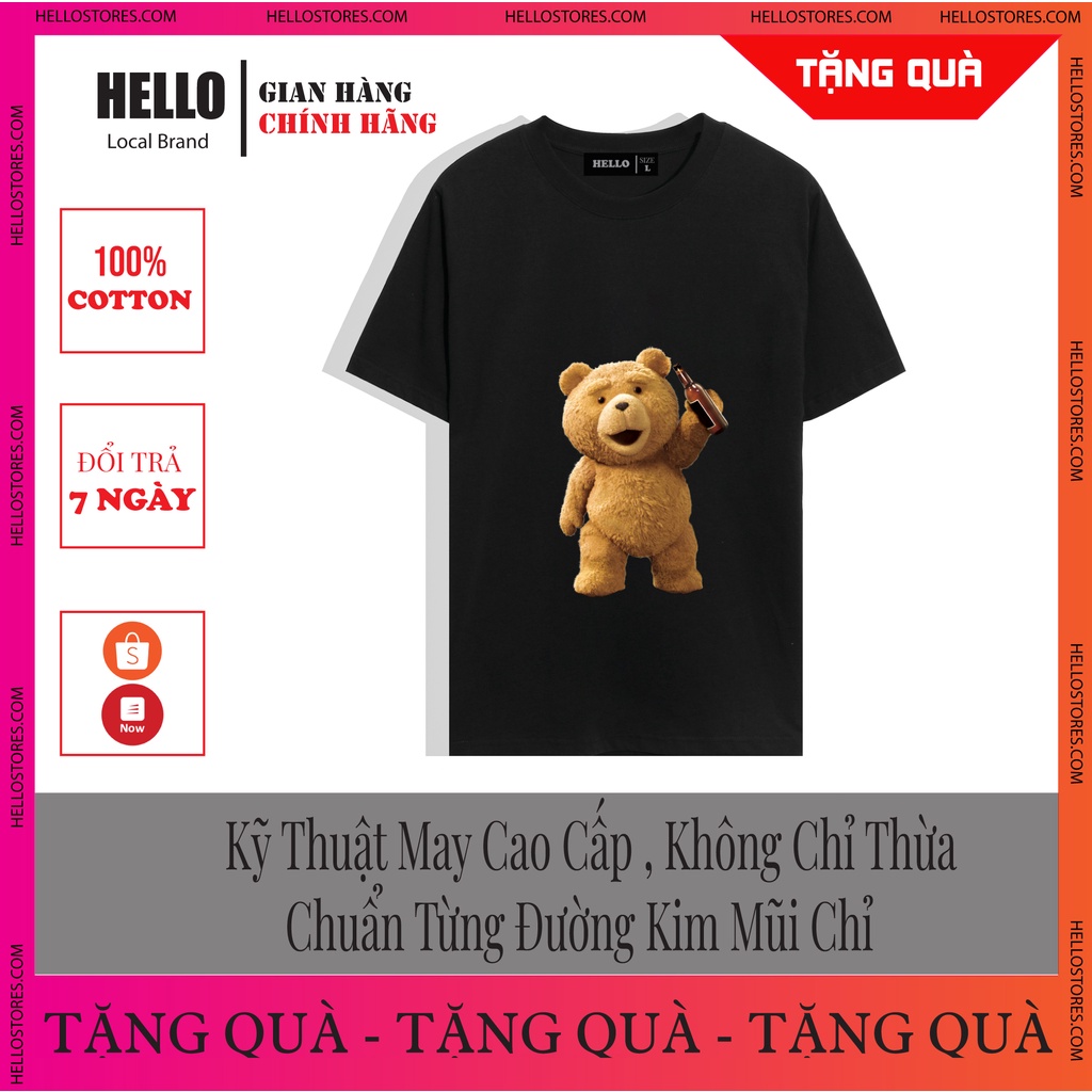 Áo phông áo thun nam nữ tay lỡ Unisex form rộng cổ tròn chất liệu Cotton 100% thoáng mát in hình Hello Gấu Teddy_Ap41